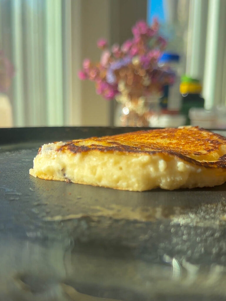 side view of vegan lemon ricotta pancake